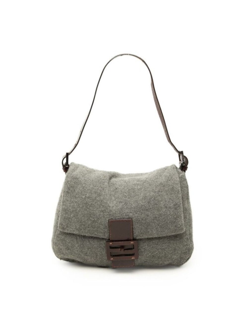 Fendi Mamma Bucket Handbag Bag Gray Brown Knit Leather Sweater